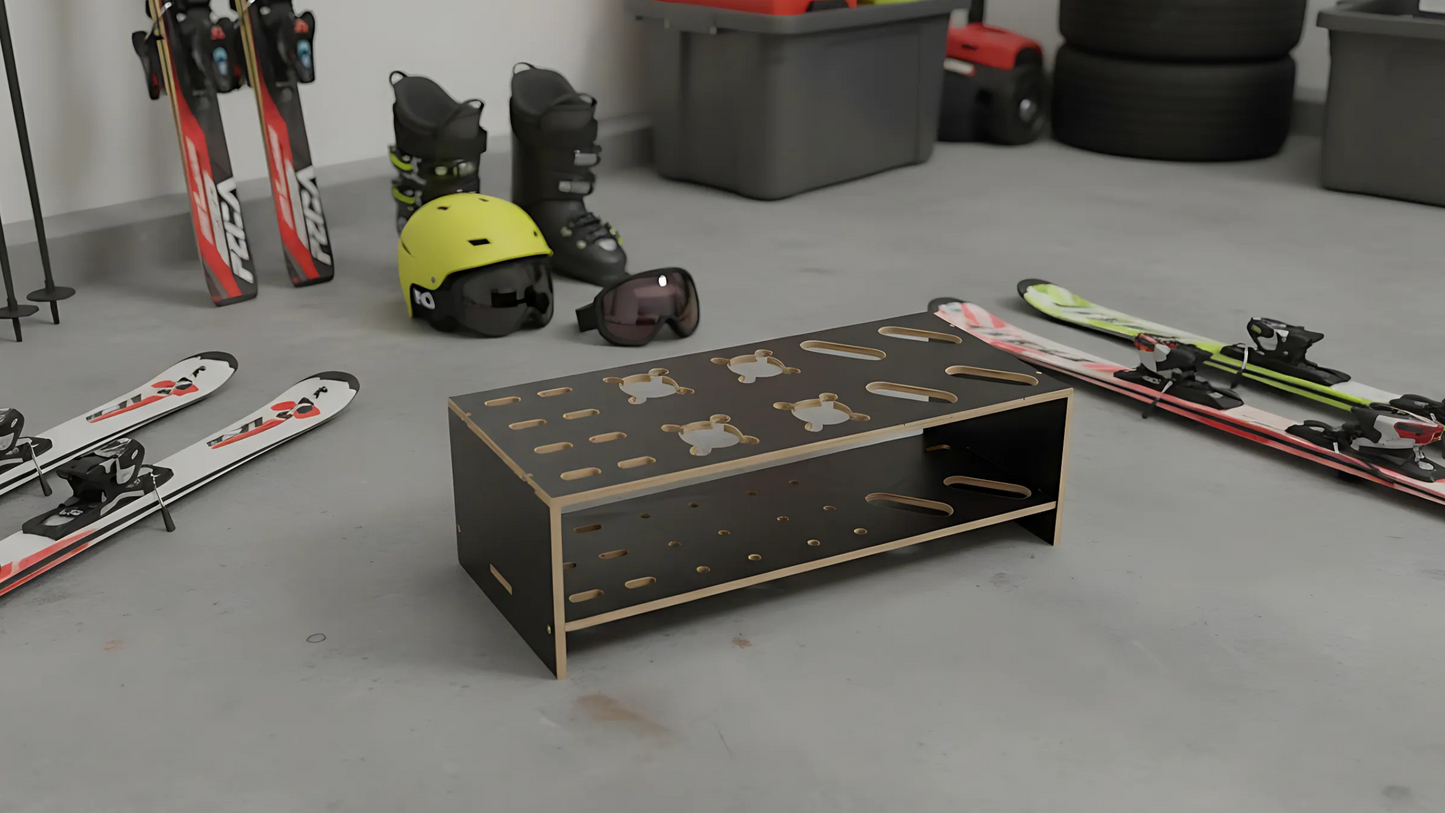 Gecombineerde houten standaard voor ski’s, langlaufski’s en stokken