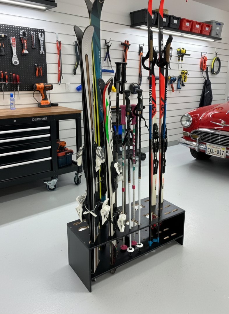 Gecombineerde houten standaard voor ski’s, langlaufski’s en stokken
