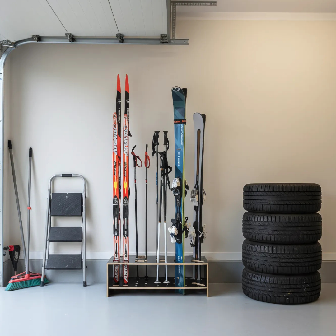 Gecombineerde houten standaard voor ski’s, langlaufski’s en stokken