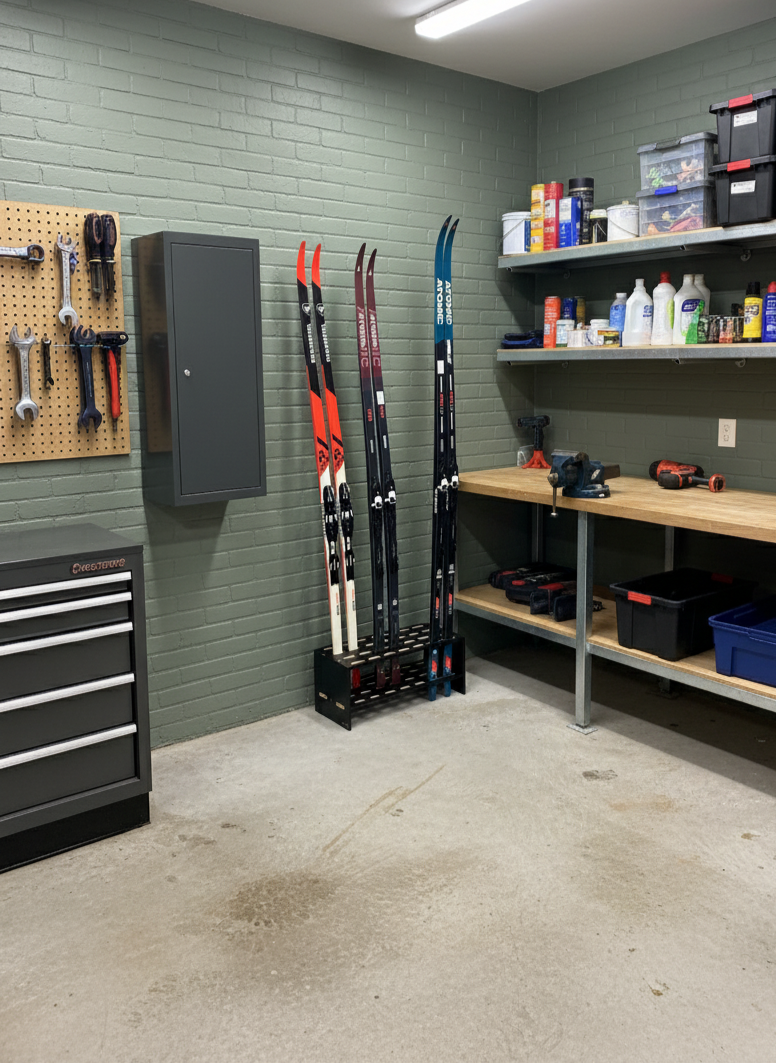 Houten standaard voor 14 paar langlaufski’s